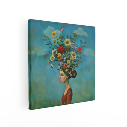 Canvas schilderij vierkant Vrouw met Bloemen op haar Hoofd