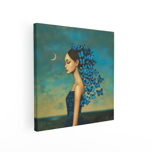 Canvas schilderij vierkant Vrouw met Blauwe Vlinders op haar Hoofd