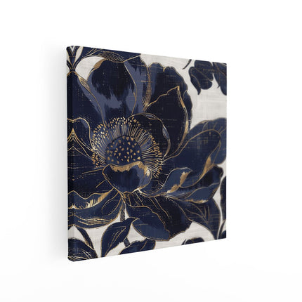 Canvas schilderij vierkant Blauw en Goud Bloemmotief op een Witte Achtergrond