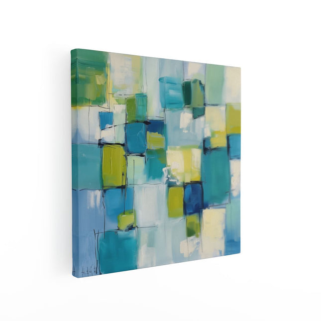Canvas schilderij vierkant Abstract Kunstwerk met Blauwe, Groene en Gele Vierkanten