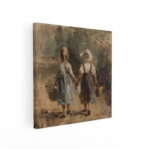Canvas schilderij vierkant Twee Kleine Meisjes die Manden Vasthouden