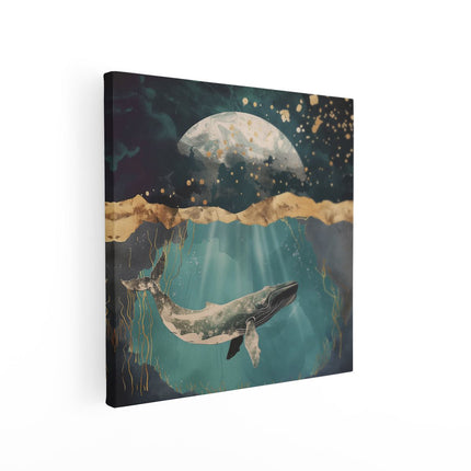 Canvas schilderij vierkant Bultrug Zwemt onder de Maan