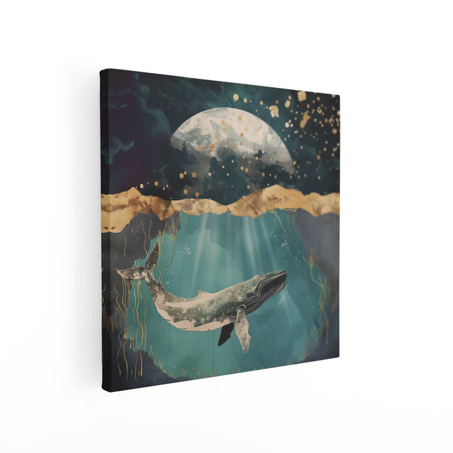 Canvas schilderij vierkant Bultrug Zwemt onder de Maan
