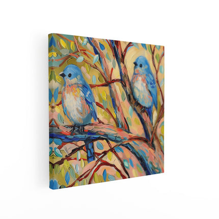 Canvas schilderij vierkant Twee Vogels Zaten op een Boomtak