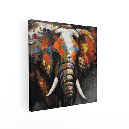 Canvas schilderij vierkant Olifant met Kleurrijke Verf op zijn Slagtanden