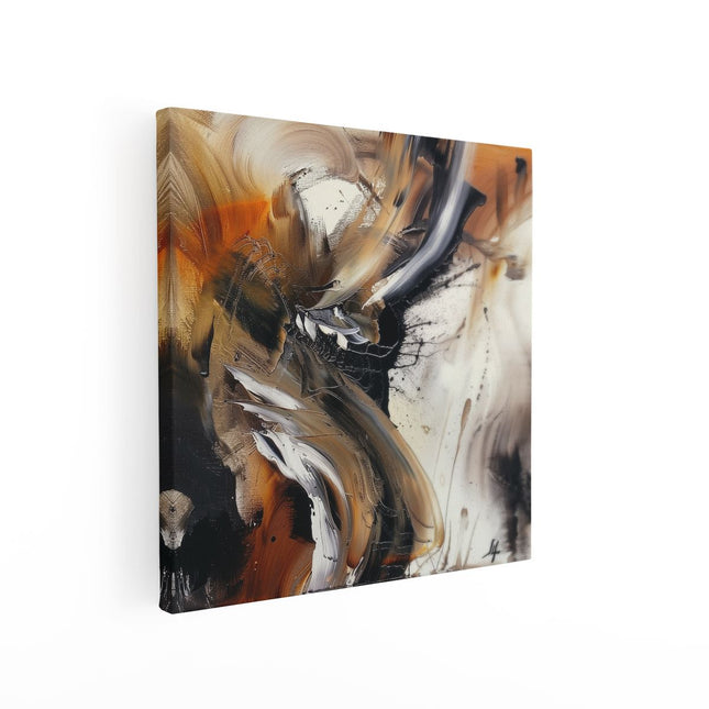 Canvas schilderij vierkant Abstract Kunstwerk met Zwarte, Oranje en Witte Kleuren