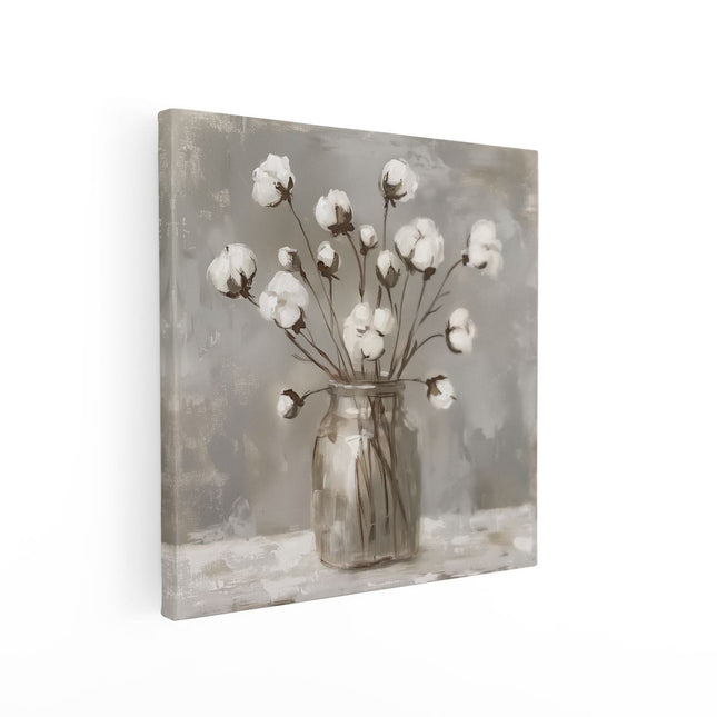 Canvas schilderij vierkant Witte Katoenen Bloemen in een Glazen Pot