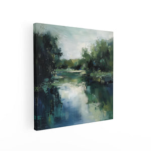 Canvas schilderij vierkant Kunstwerk van een Rivier Omgeven door Bomen