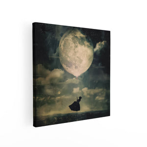 Canvas schilderij vierkant Vrouw Vliegt een Ballon over de Maan