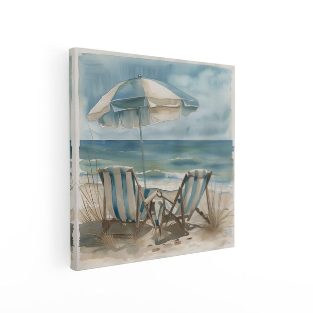 Canvas schilderij vierkant Twee Stoelen op het Strand met een Parasol