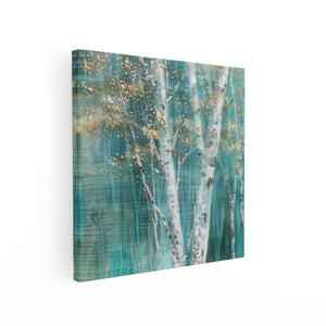 Canvas schilderij vierkant Kunstwerk van Berkenbomen in Turkoois en Goud