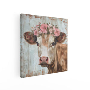 Canvas schilderij vierkant Koe met Bloemen op haar Hoofd
