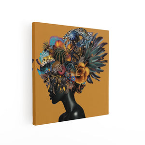 Canvas schilderij vierkant Het Hoofd van de Vrouw zit Vol Kleurrijke Veren