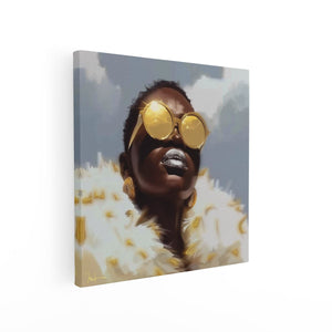 Canvas schilderij vierkant Vrouw met Gouden Zonnebril en een Bontjas