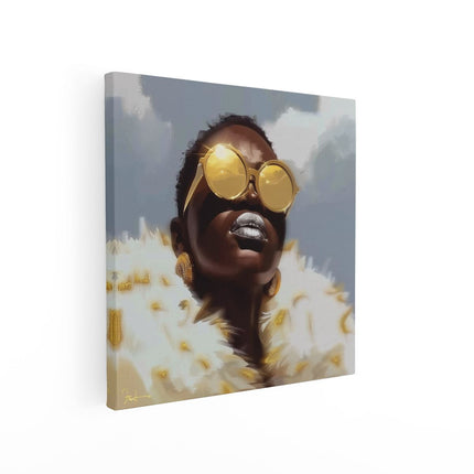 Canvas schilderij vierkant Vrouw met Gouden Zonnebril en een Bontjas