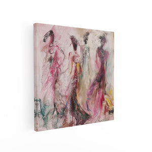 Canvas schilderij vierkant Drie Vrouwen in Jurken Lopen door de Straat
