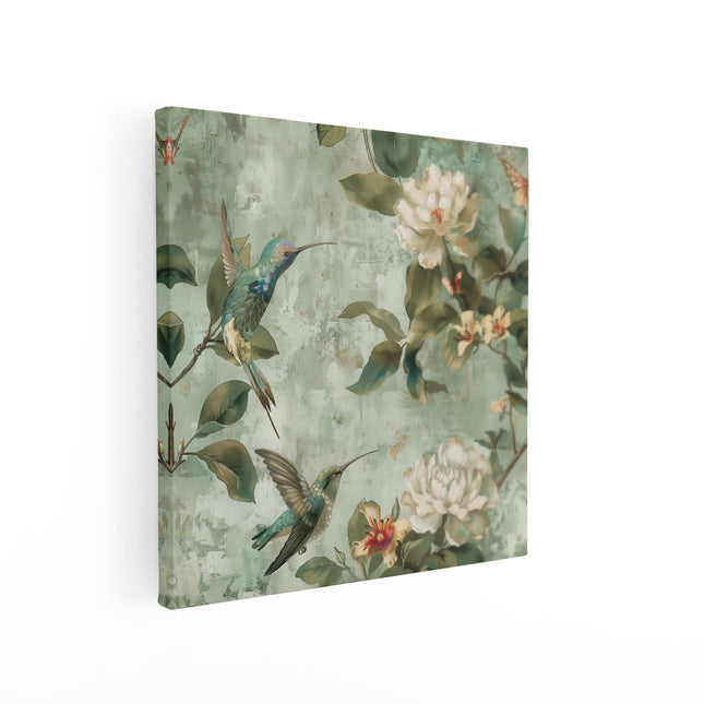 Canvas schilderij vierkant Kolibries en Bloemen op een Groene Achtergrond