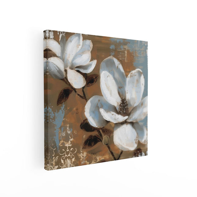 Canvas schilderij vierkant Twee Witte Bloemen op een Bruine Achtergrond