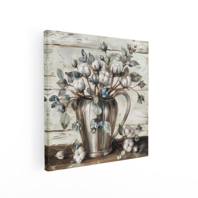 Canvas schilderij vierkant Kunstwerk van Bloemen in een Zilveren Kan op een Houten Tafel