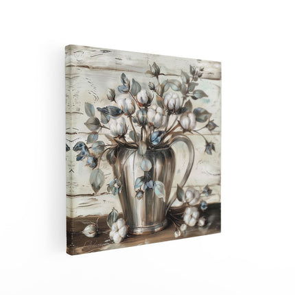 Canvas schilderij vierkant Kunstwerk van Bloemen in een Zilveren Kan op een Houten Tafel
