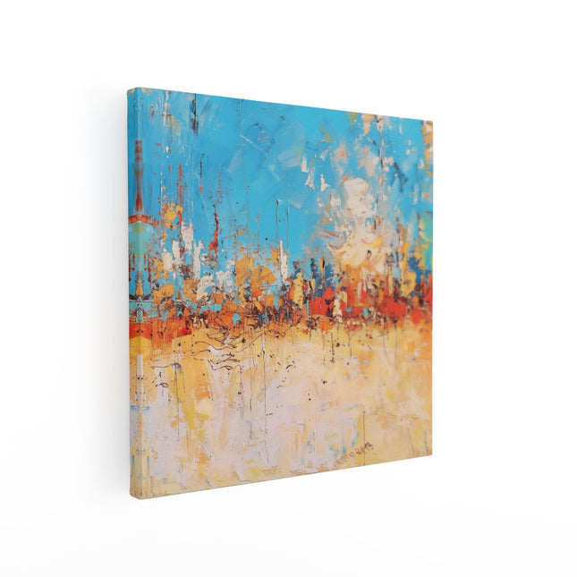Canvas schilderij vierkant Abstract Kunstwerk in Blauw, Oranje en Geel