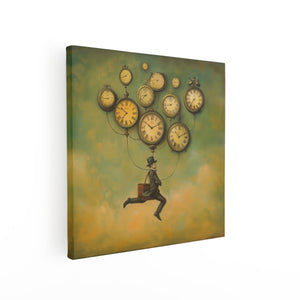 Canvas schilderij vierkant De Mens Vliegt door de Lucht met Klokken aan Hem Vastgemaakt