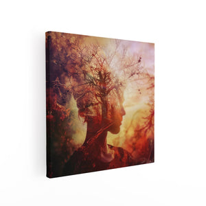 Canvas schilderij vierkant Vrouwenhoofd met een Boom op de Achtergrond