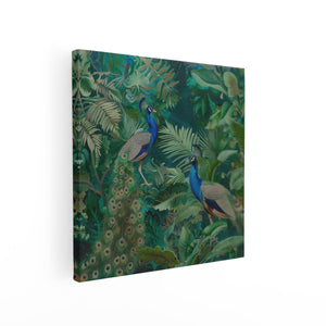 Canvas schilderij vierkant Twee Pauwen in de Jungle