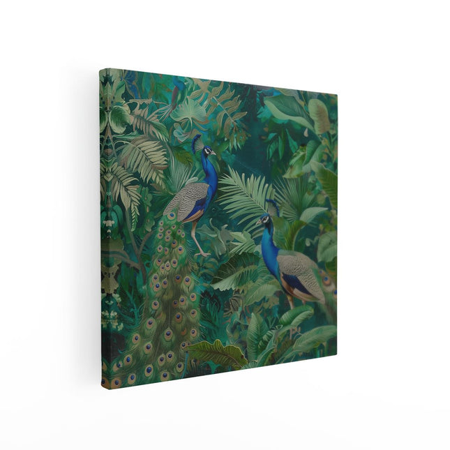 Canvas schilderij vierkant Twee Pauwen in de Jungle