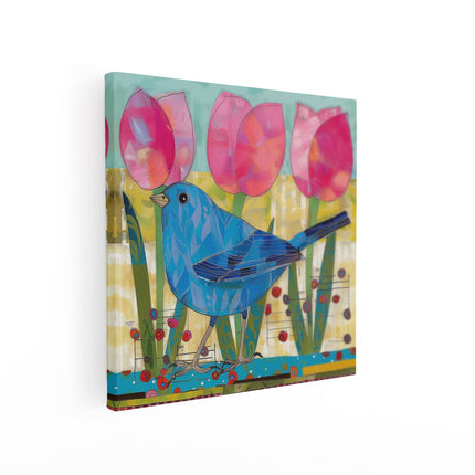 Canvas schilderij vierkant Blauwe Vogel met Roze Tulpen