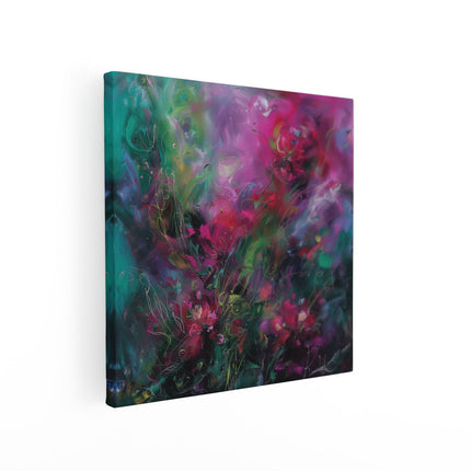 Canvas schilderij vierkant Abstract Kunstwerk van Roze en Groene Bloemen