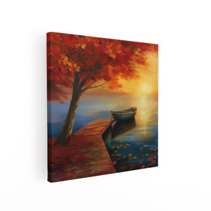 Canvas schilderij vierkant Boot op een Dok bij Zonsondergang