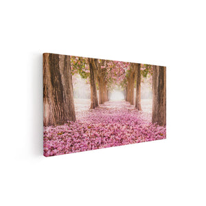 Canvas schilderij vooraanzicht Romantische Bomen Tunnel Met Roze Anjers
