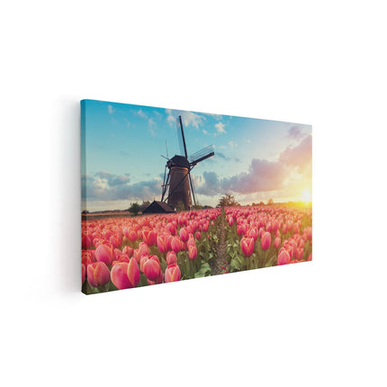 Canvas schilderij vooraanzicht Roze Tulpen Bloemenveld - Met Windmolen