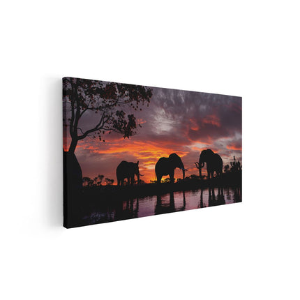 Canvas schilderij vooraanzicht Olifanten Tijdens Zonsondergang - Silhouet