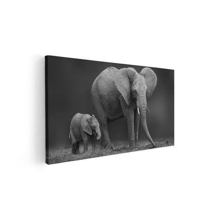 Canvas schilderij vooraanzicht Olifant Moeder En Zoon - Zwart Wit