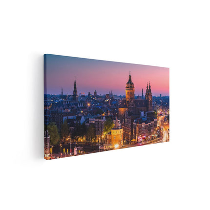 Canvas schilderij vooraanzicht Amsterdam Skyline Bij Zonsondergang 