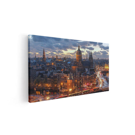 Canvas schilderij vooraanzicht Amsterdam Centrum Luchtfoto Zonsondergang