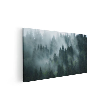 Canvas schilderij vooraanzicht Bos Met Bomen In De Mist