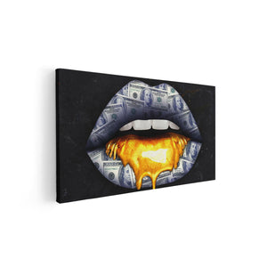 Canvas schilderij vooraanzicht Dollar Lippen Met Goud