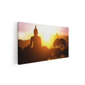 Canvas schilderij vooraanzicht Silhouet Van Boeddha Beeld Met Zonsondergang