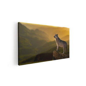 Canvas schilderij vooraanzicht Wolf Op Een Rots Met Een Heuvel Landschap