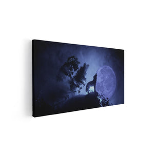 Canvas schilderij vooraanzicht Huilende Wolf In Silhouet Bij Volle Maan