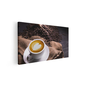 Canvas schilderij vooraanzicht Kopje Koffie In Een Hartje Met Koffiebonen