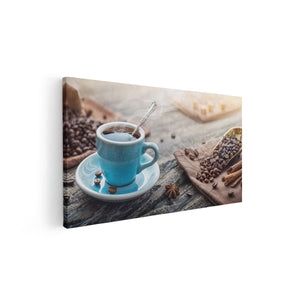 Canvas schilderij vooraanzicht Blauw Kopje Koffie Met Koffiebonen