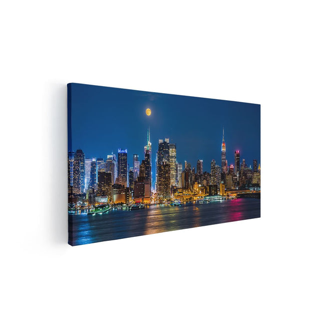 Canvas schilderij vooraanzicht Verlichte Skyline Van New York Met Volle Maan