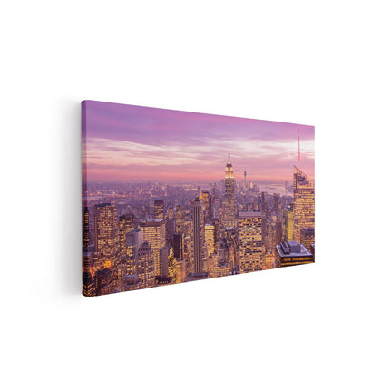 Canvas schilderij vooraanzicht New York Skyline Met Lichten Bij Zonsondergang