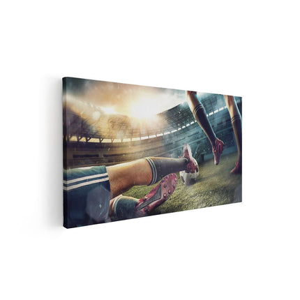 Canvas schilderij vooraanzicht Voetbal Sliding In Het Stadion