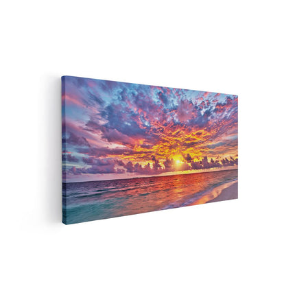 Canvas schilderij vooraanzicht Zonsondergang Op Het Strand In De Malediven