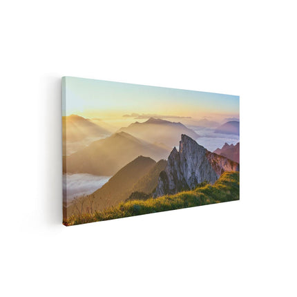 Canvas schilderij vooraanzicht Zonsopkomst In De Bergen In De Alpen